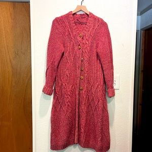Anthropologie knee length sweater. Cable knit. Wooden buttons. Red